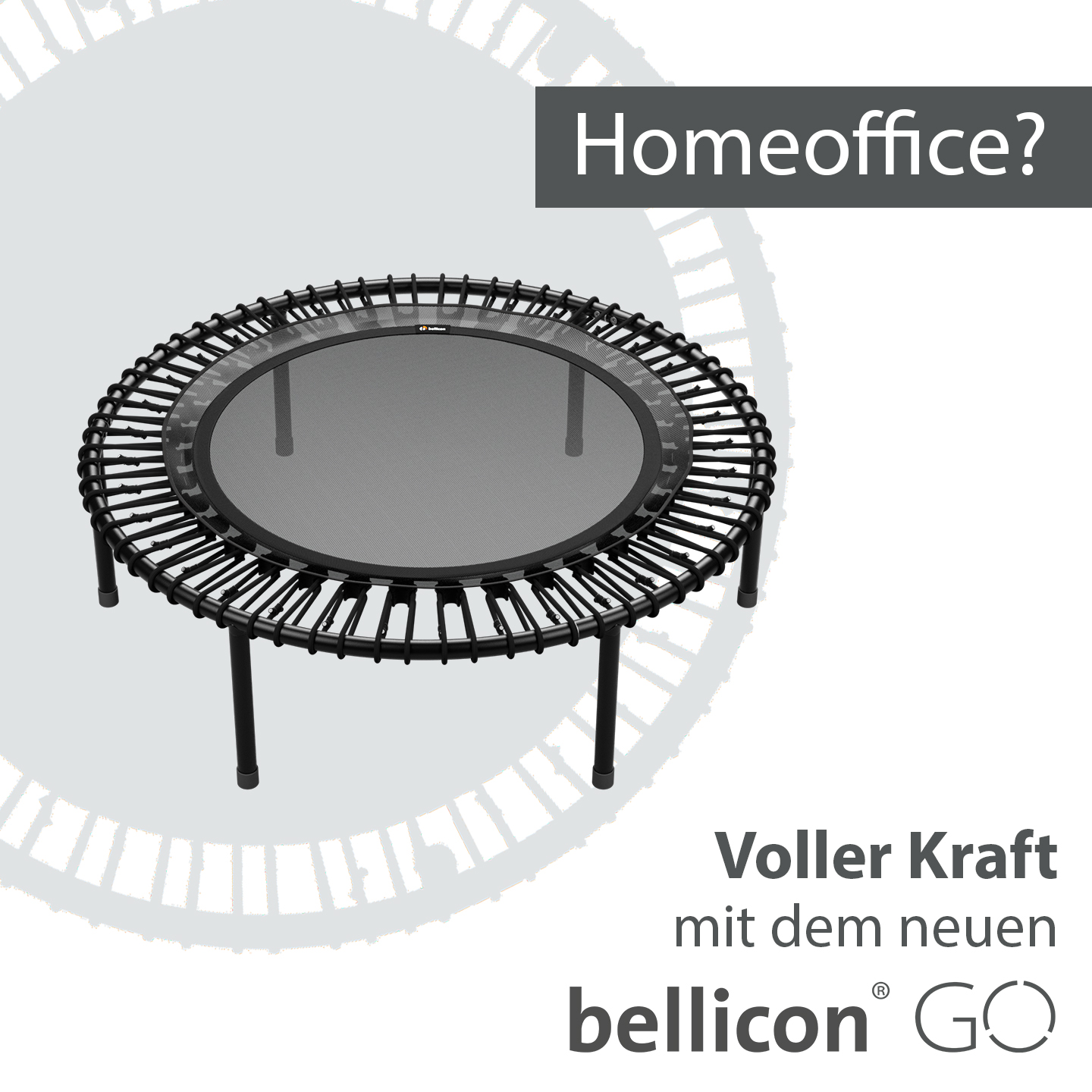Quadratischer Instagram-Post zum Thema Homeoffice mit Trampolin, bellicon GmbH