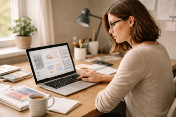 Eine selbstständige Grafikdesignerin mit kastanienbraunen Haaren und Brille sitzt morgens an einem aufgeräumten Schreibtisch in einem hellen, ruhigen Raum. Sie arbeitet konzentriert an ihrem Laptop mit Designentwürfen, ohne Ablenkung durch Smartphone, während sanftes Tageslicht durch ein Fenster fällt. Die minimalistische Umgebung und weichen Farben vermitteln Ruhe und Klarheit.