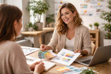 Grafikdesignerin im Gespräch mit Kundin, kreativer Arbeitsplatz, professionelle Beratung – Kundengewinnung ohne Social Media