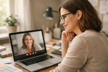 Eine Grafikdesignerin mit kastanienbraunen Haaren und Brille sitzt an einem aufgeräumten Schreibtisch und führt einen Videocall auf ihrem Laptop. Sie ist in einer seitlichen Viertel- bis Dreiviertelansicht zu sehen, lächelt leicht und hört aufmerksam zu, während auf dem Laptopbildschirm unscharf eine freundliche Kundin zu erkennen ist. Warmes Tageslicht fällt durch ein Fenster, die Szene wirkt ruhig und vertrauensvoll.