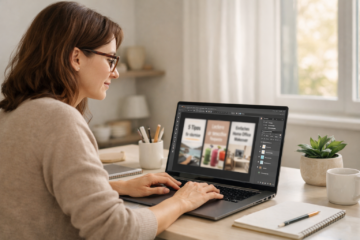 Eine selbstständige Grafikdesignerin mit kastanienbraunen Haaren und Brille sitzt morgens an einem aufgeräumten Schreibtisch in einem hellen, ruhigen Raum. Sie arbeitet konzentriert an ihrem Laptop, auf dem Photoshop mit drei Pinterest-Pin-Designs geöffnet ist. Die minimalistische Umgebung, sanftes Tageslicht und weiche, harmonische Farben vermitteln Ruhe und Klarheit.