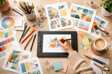Socialmediafreier Grafikdesign-Alltag – Designerin arbeitet fokussiert am Grafiktablett, umgeben von Skizzen, Farbstiften, Moodboards und einer Kaffeetasse