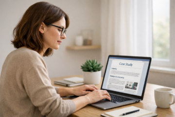 Grafikdesignerin mit Brille arbeitet konzentriert an einer Case Study auf ihrem Laptop an einem aufgeräumten Schreibtisch mit Pflanze