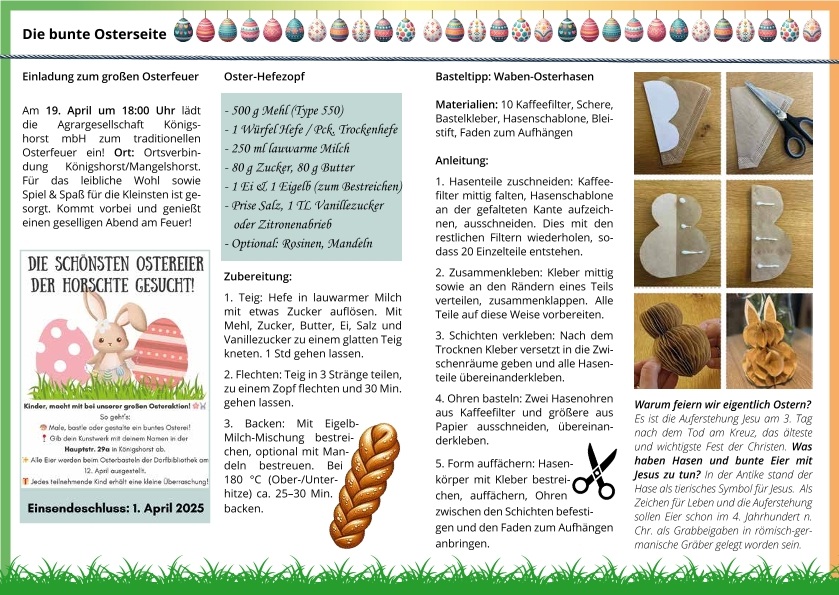 Eine Doppelseite des Dorfmagazins „Horschter Dorfgezwitscher“ mit verschiedenen Bildern, Grafiken und Artikeln, die einen Einblick in Themen und Gestaltung des lokalen Magazins geben.