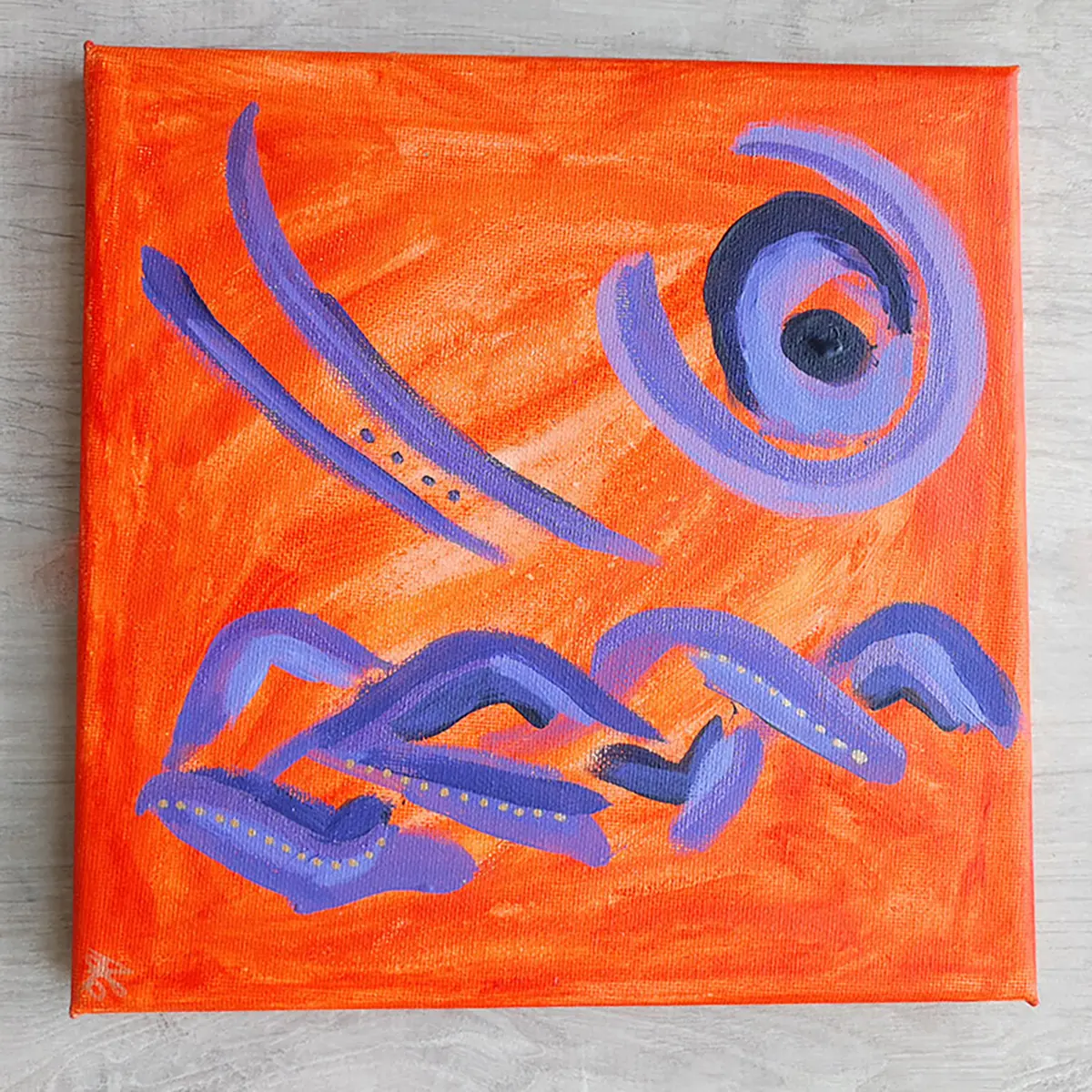 Quadratisches abstraktes Acrylbild in Orange und Violett mit Kreis, halbgeschlossenem Kreis, Linien und geflechtartiger Form.