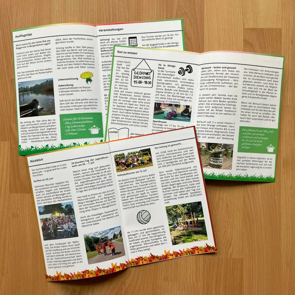 Drei Doppelseiten des Dorfmagazins „Horschter Dorfgezwitscher“, jeweils mit unterschiedlichen Bildern und Artikeln, die einen Einblick in Themen und Gestaltung des lokalen Magazins geben.
