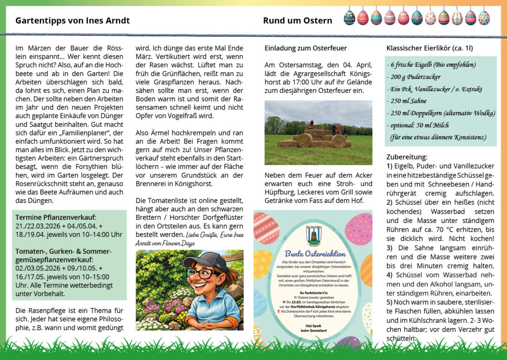 Vierte Seite mit zwei Rubriken. Links gibt Ines Arndt Gartentipps für den März, illustriert mit einer Comic-Zeichnung einer lächelnden Gärtnerin. Rechts unter der Rubrik „Rund um Ostern“ gibt es eine Einladung zum Osterfeuer mit einem Foto von aufgestapelten Strohballen sowie ein Rezept für „Klassischen Eierlikör“. Ein buntes Logo wirbt für eine „Bunte Ostereiaktion“.
