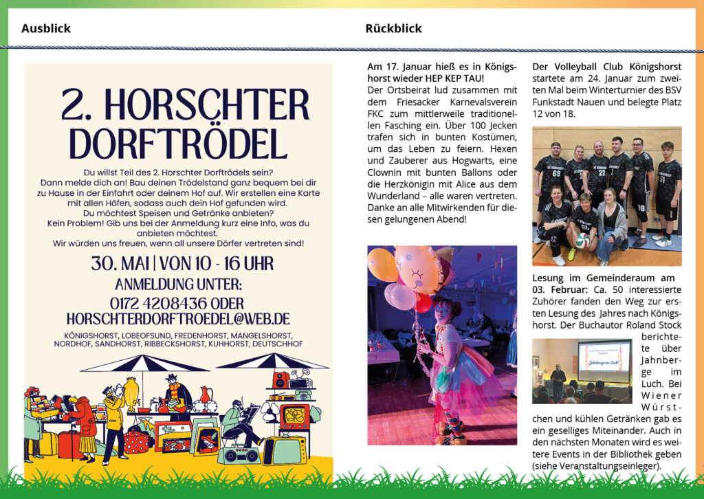Sechste Seite der Vereinszeitung. Die linke Hälfte ist eine großformatige Anzeige für den „2. Horschter Dorftrödel“ am 30. Mai 2026 mit bunten Illustrationen eines Flohmarktes. Die rechte Seite zeigt einen Rückblick auf den Karneval im Januar mit einem Foto einer Clownin und einen Bericht über ein Volleyballturnier mit einem Gruppenfoto des Teams „VC Königshorst“.