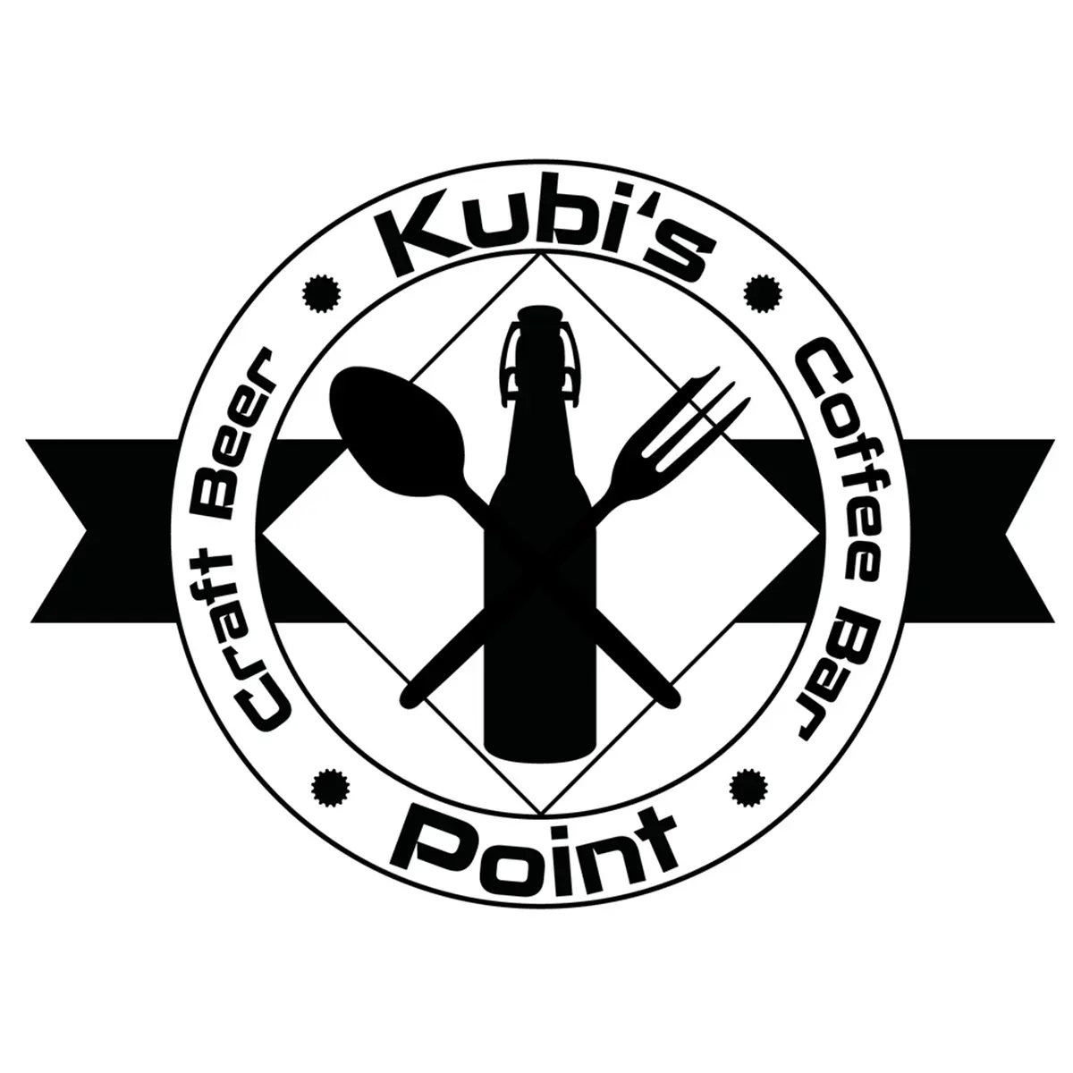 Rundes Logo der Craft Beer & Coffee Bar „Kubi's Point“ mit Silhouetten von Bierflasche, Kuchengabel und Löffel.