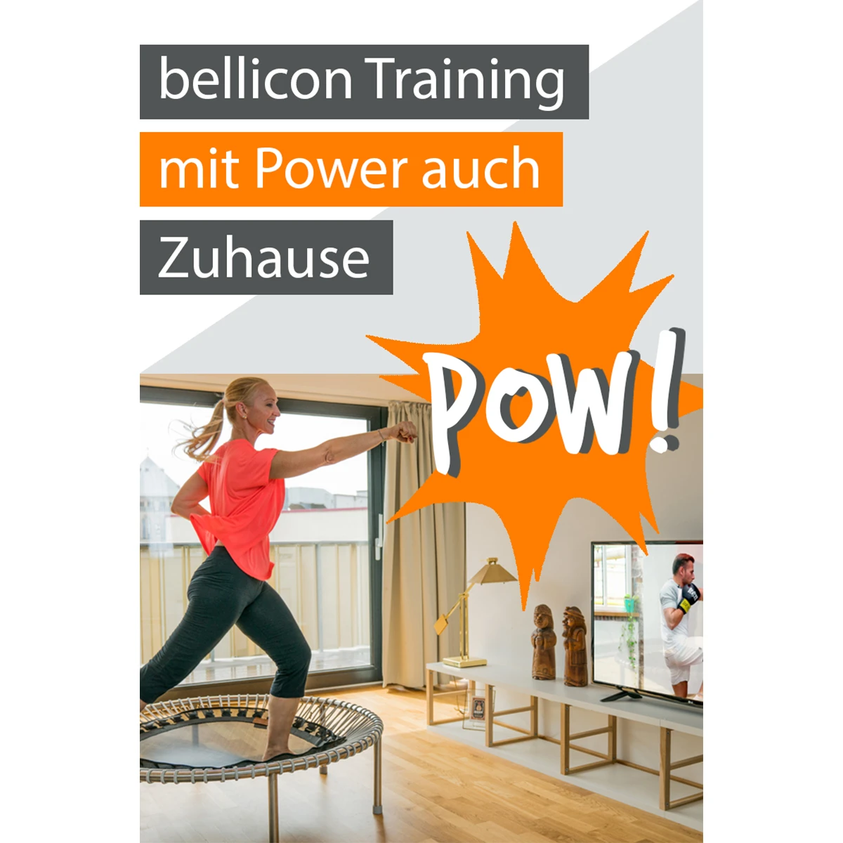Pinterest-Pin mit Frau beim Training auf einem Bellicon-Trampolin vor dem Fernseher während ihrer Pause im Homeoffice (im Kontext der Corona-Pandemiezeit).