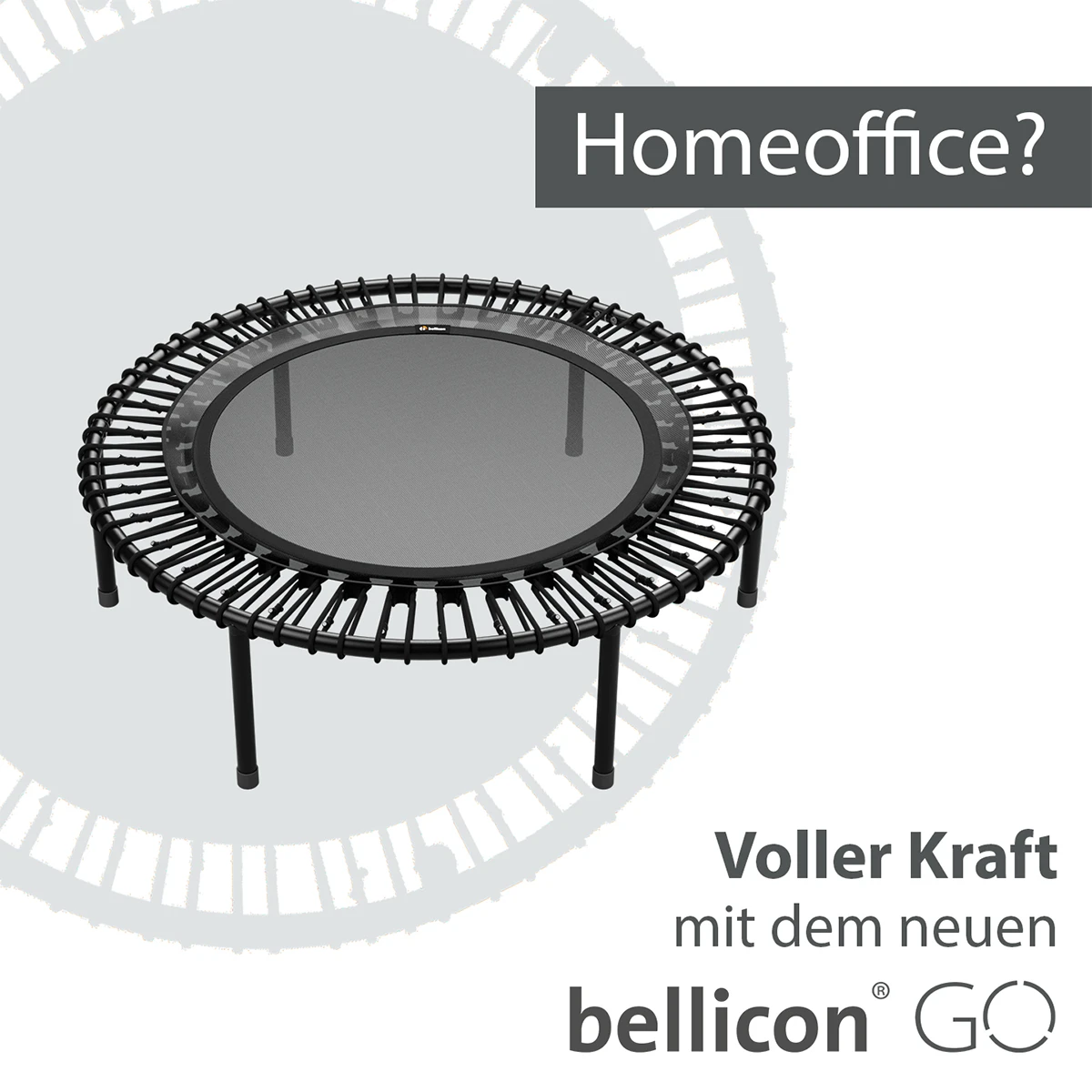 Quadratischer Instagram-Post „Voller Kraft mit dem neuen Bellicon GO" Minitrampolin für das Training Zuhause im Homeoffice (im Kontext der Corona-Pandemiezeit).
