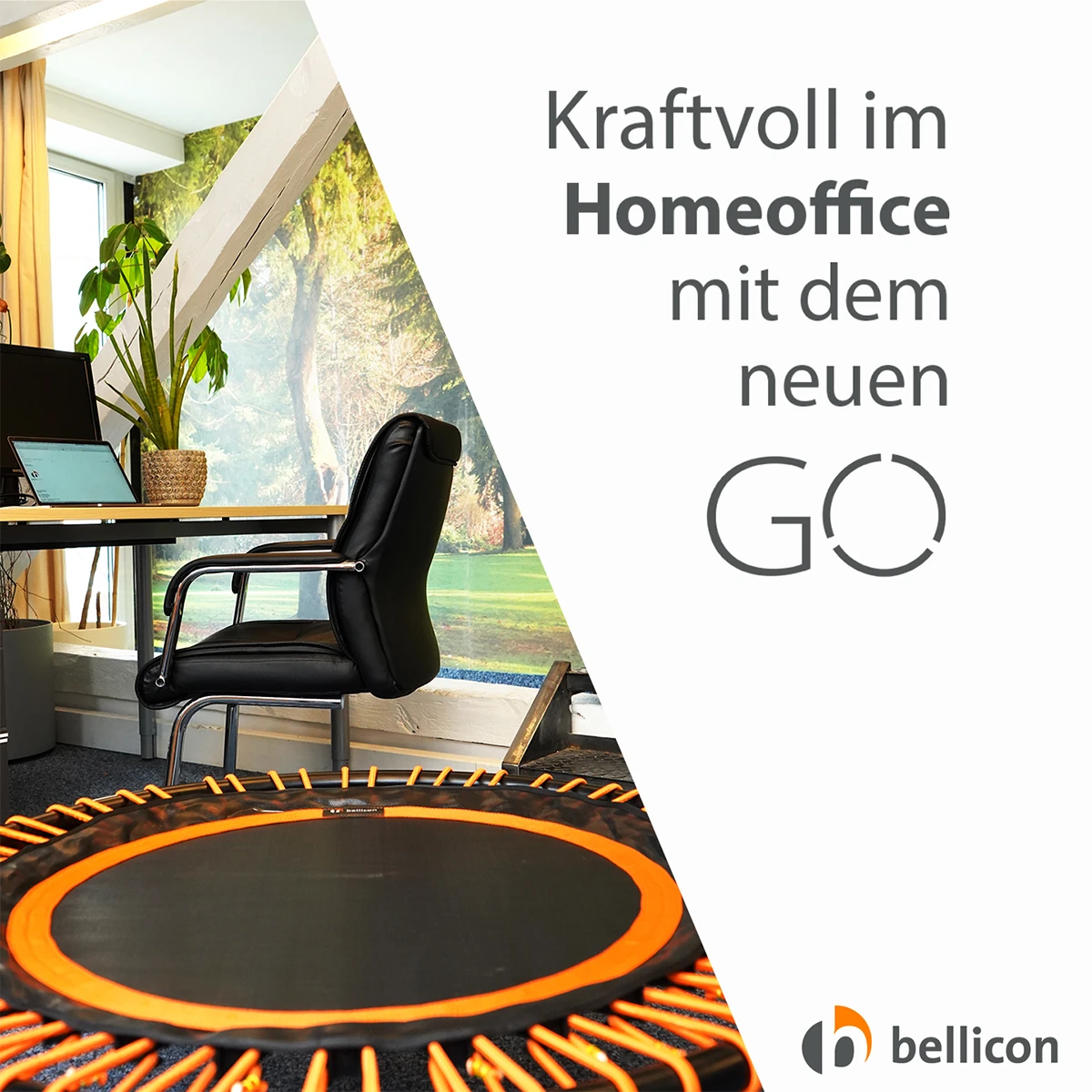 Quadratischer Instagram-Post „Kraftvoll im Homeoffice mit dem neuen GO", einem bellicon-Minitrampolin (im Kontext der Corona-Pandemiezeit).