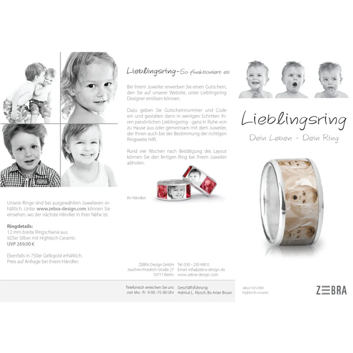 Außenseite eines sechsseitigen Wickelfalzflyers zum „Lieblingsring“ von Zebra Design mit Kinderfotos und Schmuckabbildungen.
