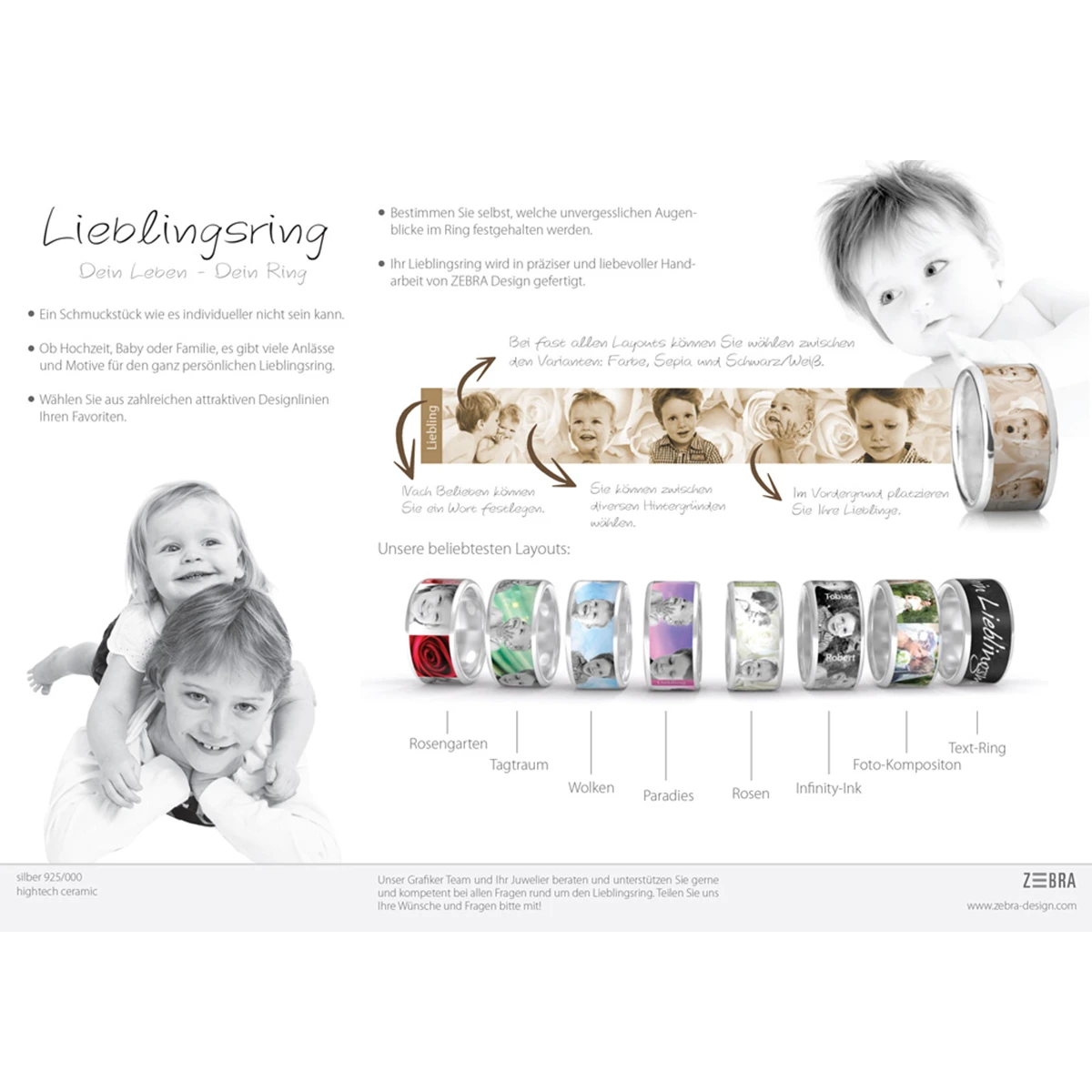 Innenseite eines sechsseitigen Wickelfalzflyers zum Produkt „Lieblingsring“ von Zebra Design mit Erklärungen zum Gestaltungsprozess und Designoptionen.